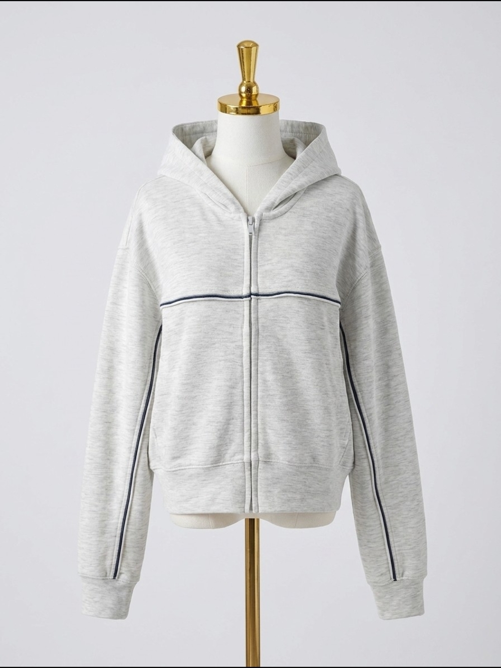 Zara Heather Gray Hooded Zip Jacket with Navy Piping